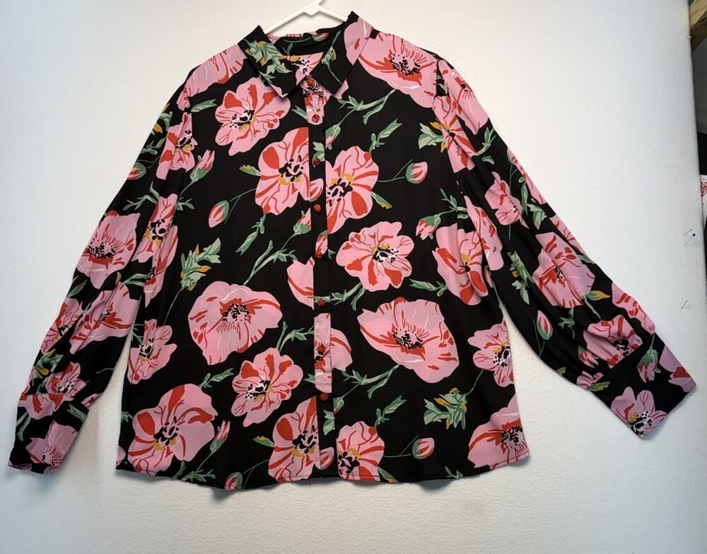 Floral Button Down Women’s 3X Blouse Office Travel Casual Party Pink Feminine